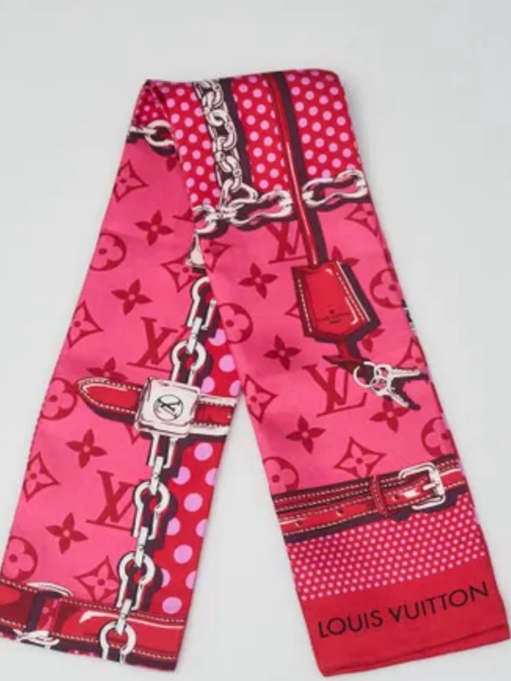 Louis Vuitton Pink & Red Monogram Silk Twilly Scarf-Authentic.
